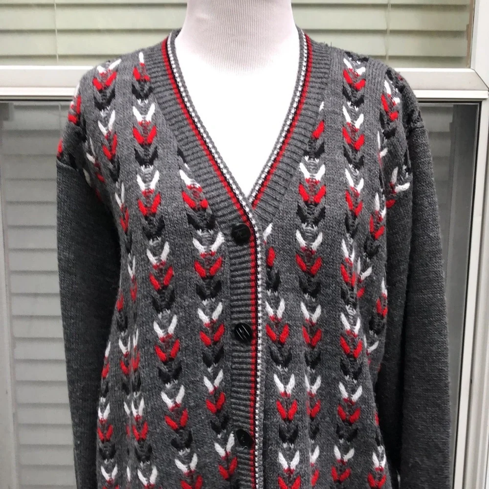 Amana Colonies Gray Red Black Grandma Chic Button Front Sweater size L/XL